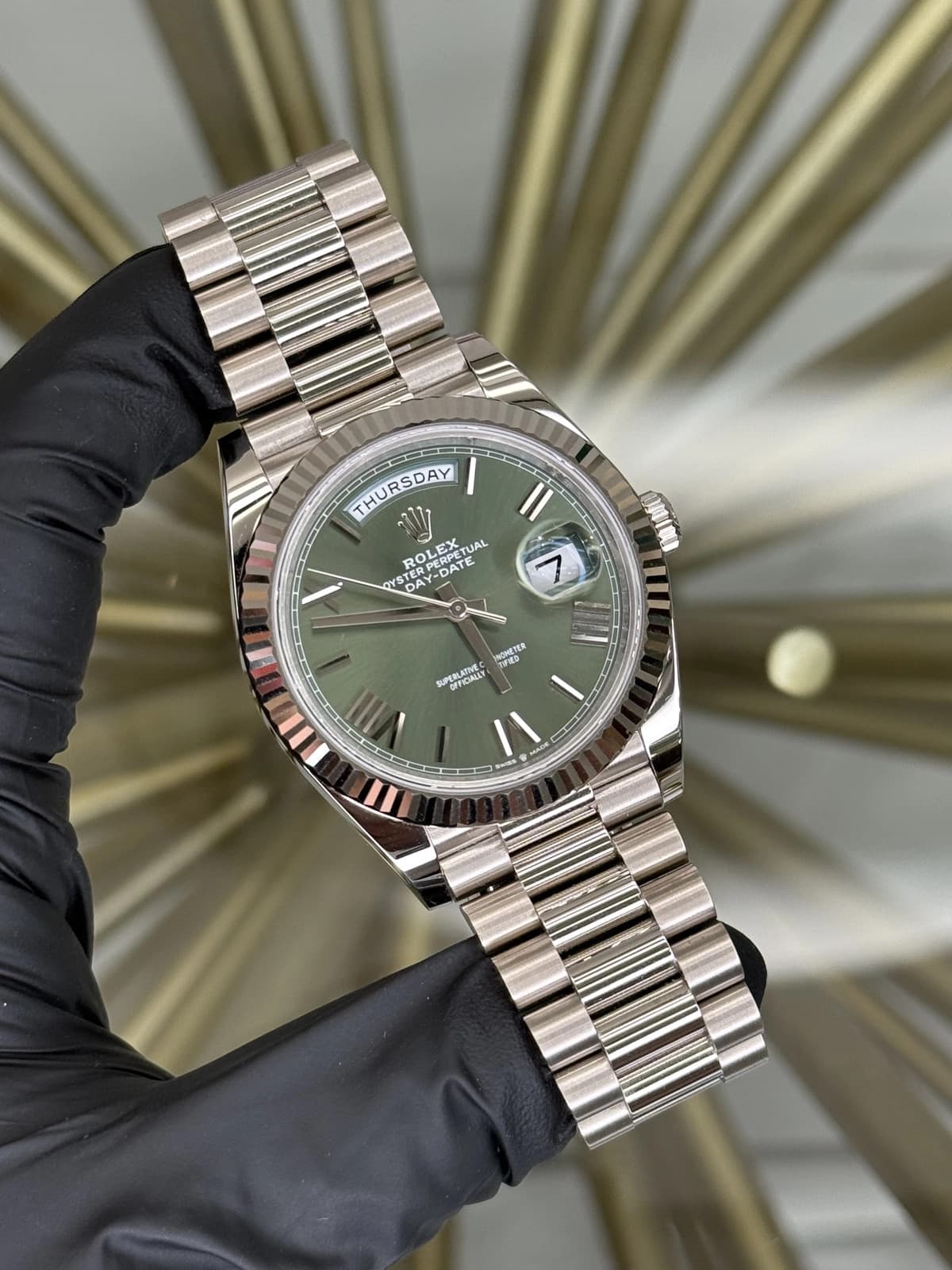 2024 Rolex Day-Date 40 Olive Green Roman Dial on President 228239 Card