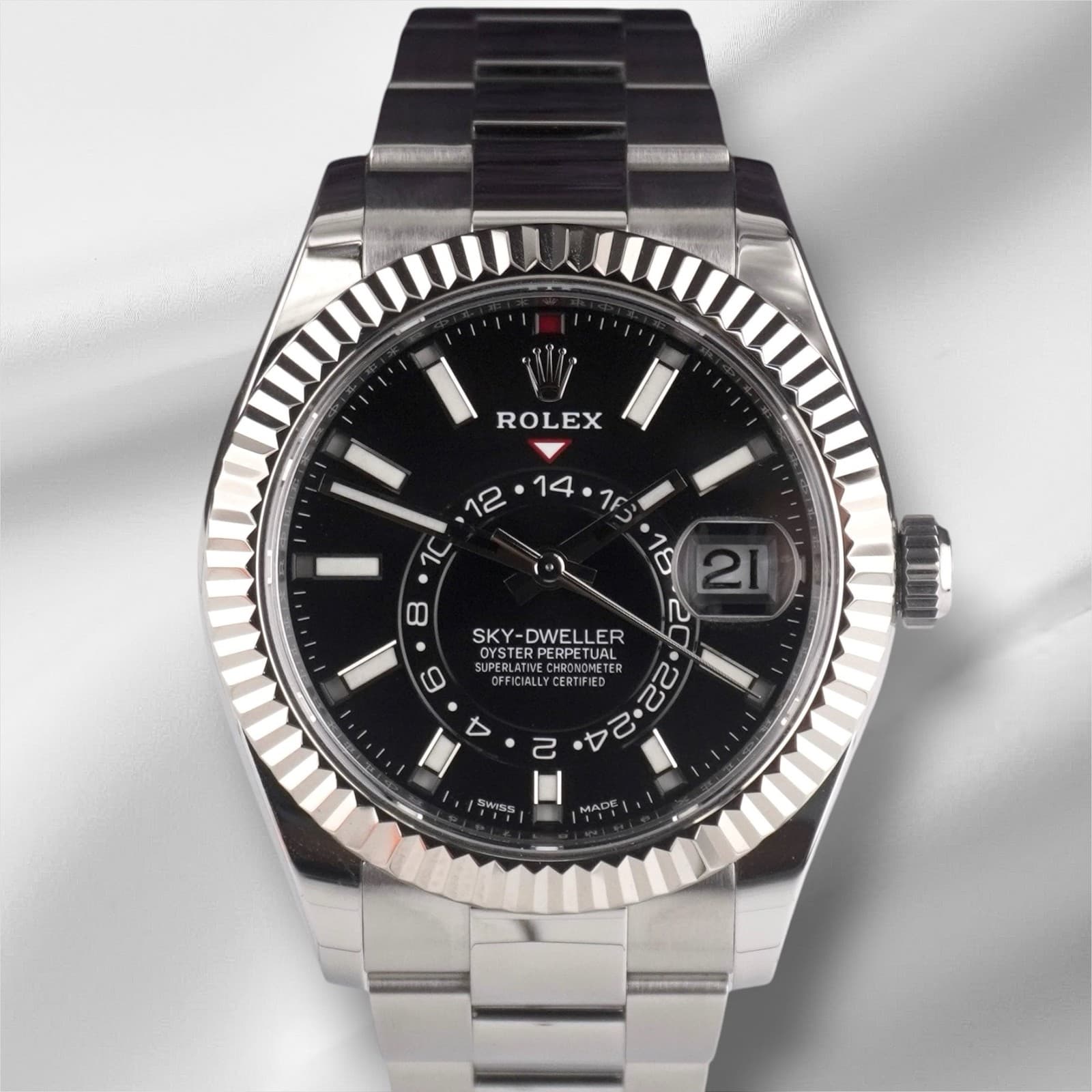 Rolex Sky-Dweller 42mm 18k White Gold Bezel Black Dial Steel Oyster Watch 326934