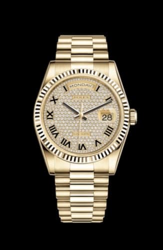 Rolex Day-Date 36 Yellow Gold Fluted / President / Paved Roman