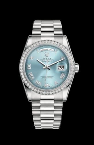 Rolex Day-Date 36 Platinum Diamonds / President / Ice Blue Roman