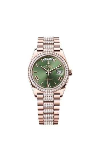 Rolex Day-Date 36 Everose Gold - Diamond / Green - Roman / President - Diamond