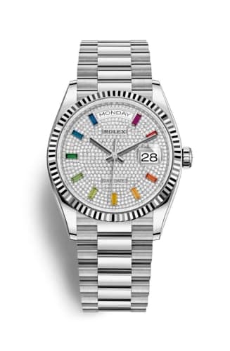 Rolex Day-Date 36 White Gold / Fluted / Paved-Rainbow / President