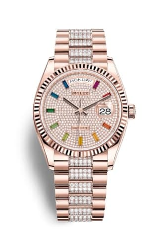 Rolex Day-Date 36 Everose Gold / Fluted / Paved-Rainbow / President-Diamond