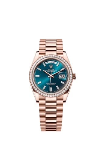 Rolex Day-Date 36 Everose Gold - Diamond / Blue-Green - Baguette / President