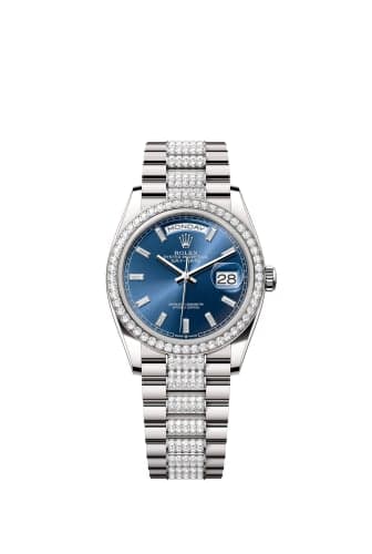 Rolex Day-Date 36 White Gold - Diamond / Bright Blue - Baguette / President - Diamond