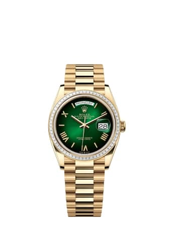 Rolex Day-Date 36 Yellow Gold - Baguette / Green Ombré - Roman / President