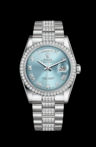 Rolex Day-Date 36 Platinum Diamonds / President Diamonds / Ice Blue Roman