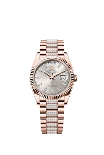 Rolex Day-Date 36 Everose Gold - Fluted / Silver - Baguette / President - Diamond