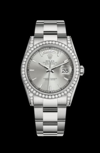 Rolex Day-Date 36 White Gold Diamonds / Oyster / Silver
