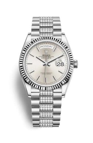 Rolex Day-Date 36 White Gold / Fluted / Silver / President-Diamond