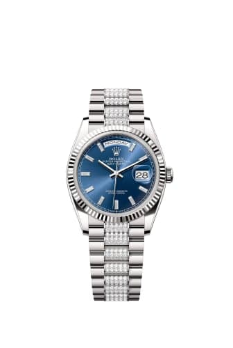 Rolex Day-Date 36 White Gold - Fluted / Bright Blue - Baguette / President - Diamond