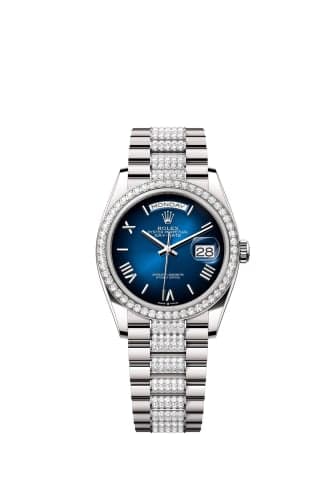 Rolex Day-Date 36 White Gold - Baguette / Blue Ombré - Diamond / President - Diamond