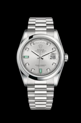 Rolex Day-Date 36 Platinum Domed / President / Silver Diamond Emerald