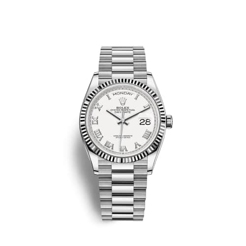 Rolex Day-Date 36 White Gold Fluted / White - Roman / President