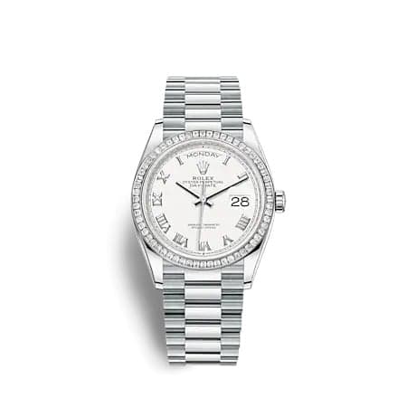 Rolex Day-Date 36 Platinum - Baguette / White - Roman / President