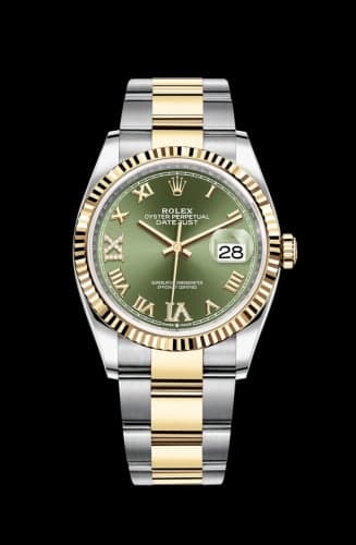 Rolex Datejust 36 Stainless Steel / Yellow Gold / Fluted / Olive Green Roman Diamond / Oyster