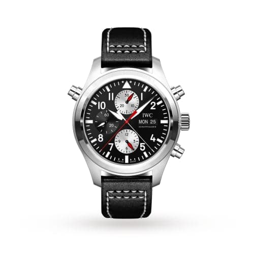 IWC Schaffhausen Pilot's Watch Double Chronograph Stainless Steel / Black-Silver / Calf / Watches of Switzerland