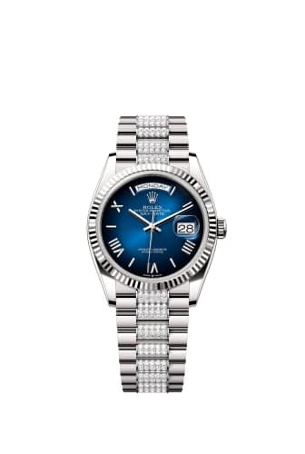 Rolex Day-Date 36 White Gold - Fluted / Blue Ombré - Roman / President - Diamond