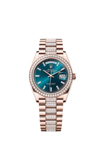 Rolex Day-Date 36 Everose Gold - Diamond / Blue-Green - Baguette / President - Diamond