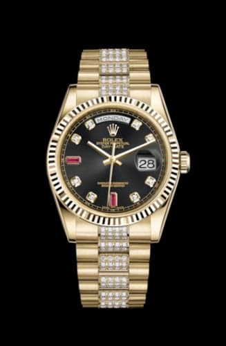 Rolex Day-Date 36 Yellow Gold Fluted / President Diamonds / Black Diamonds Rubies