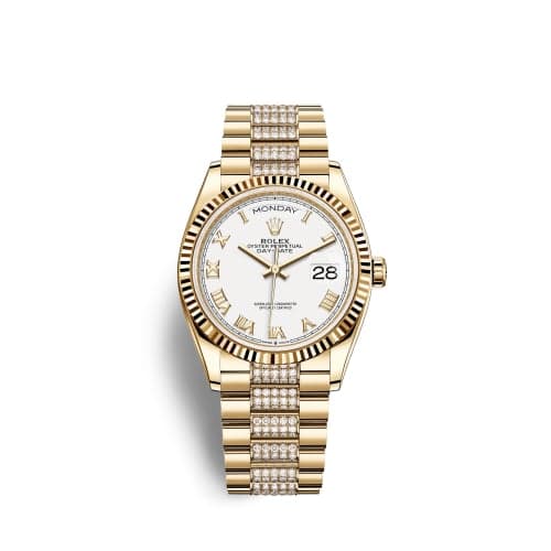 Rolex Day-Date 36 Yellow Gold / Fluted / White - Roman / President - Diamond