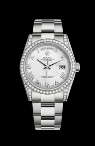 Rolex Day-Date 36 White Gold Diamonds / Oyster / White Roman