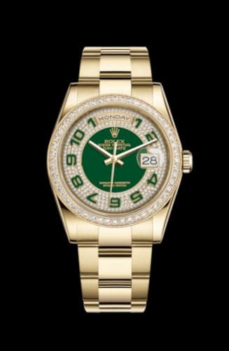 Rolex Day-Date 36 Yellow Gold Diamonds / Oyster / Green Paved