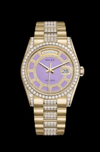 Rolex Day-Date 36 Yellow Gold Diamonds / President Diamonds / Lavender Jade Carousel