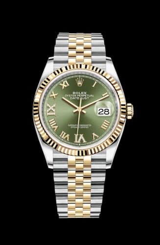 Rolex Datejust 36 Stainless Steel / Yellow Gold / Fluted / Olive Green Roman Diamond / Jubilee
