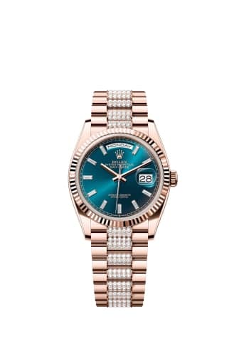 Rolex Day-Date 36 Everose Gold - Fluted / Blue-Green - Baguette / President - Diamond