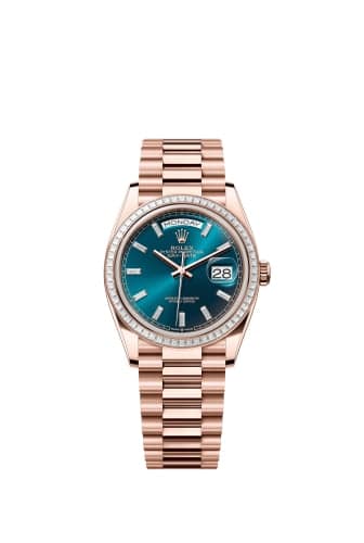 Rolex Day-Date 36 Everose Gold - Baguette / Blue-Green - Baguette / President
