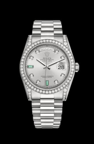 Rolex Day-Date 36 White Gold Diamonds / President / Silver Diamonds Emeralds