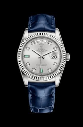 Rolex Day-Date 36 White Gold / Strap / Silver Diamond Emerald