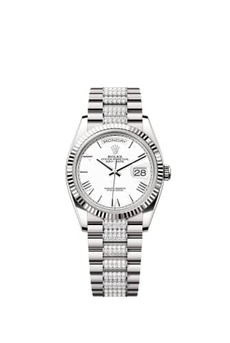Rolex Day-Date 36 White Gold - Fluted / White - Roman / President - Diamond