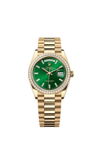 Rolex Day-Date 36 Yellow Gold - Diamond / Bright Green - Baguette / President
