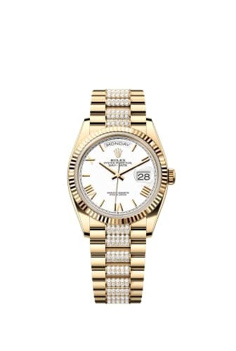 Rolex Day-Date 36 Yellow Gold / Fluted / White - Roman / President - Diamond