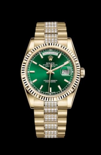 Rolex Day-Date 36 Yellow Gold Fluted / President Diamonds / Green