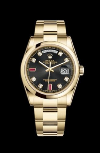 Rolex Day-Date 36 Yellow Gold Domed / Oyster / Black Diamonds Rubies