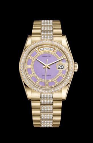 Rolex Day-Date 36 Yellow Gold Diamonds / President Diamonds / Lavender Jade Carousel