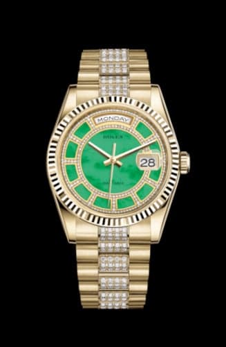 Rolex Day-Date 36 Yellow Gold Fluted / President Diamonds / Green Jade Carousel