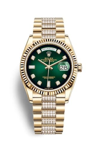 Rolex Day-Date 36 Yellow Gold / Fluted / Green Ombré-Diamond / President-Diamond